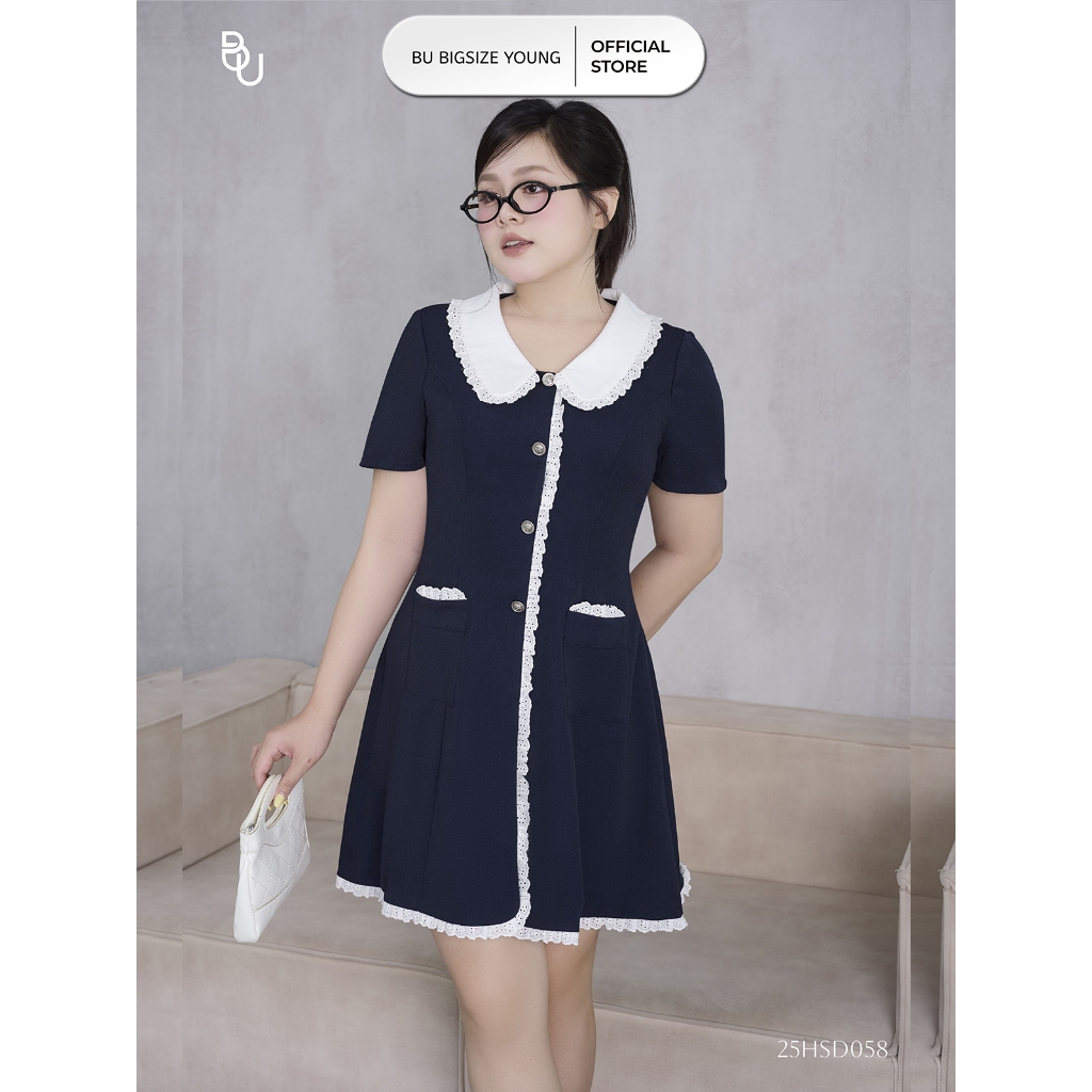 เดรสคอปกเปิดลงลูกไม้กระดุมแนวตั้ง BIGSIZE – 25HSD058 - [BU Bigsize Young]