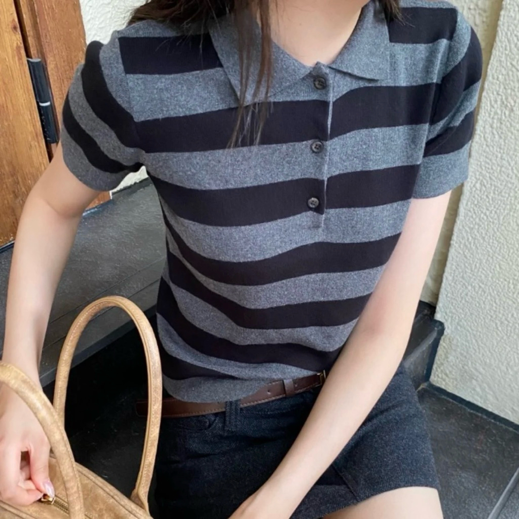 เสื้อลายทาง Liliana - เสื้อโปโล Liliana ลายทางแนวนอนขนาดใหญ่ สไตล์ BM ยุโรปและอเมริกา