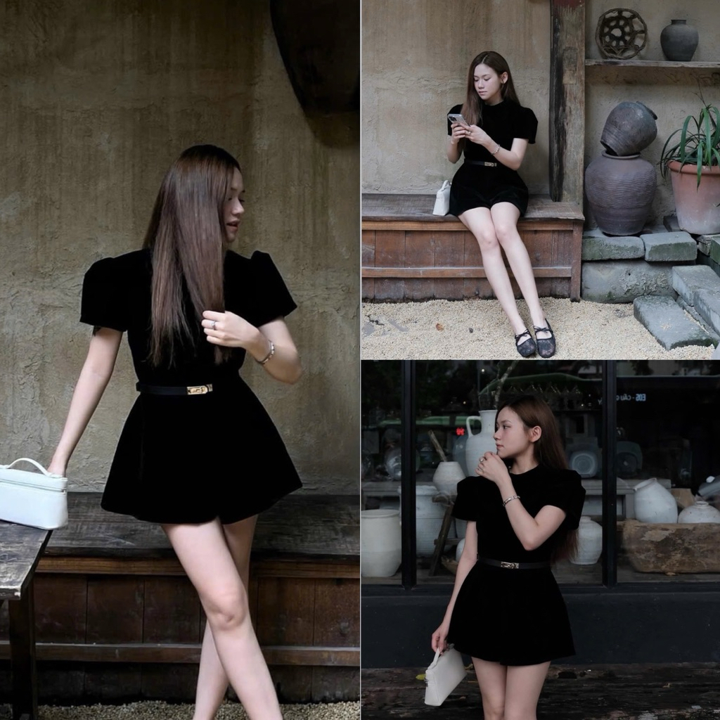 [โวลต์1.1056] จั๊มสูทกํามะหยี่พร้อมคอรถไฟและเข็มขัดหนังสุดน่ารัก