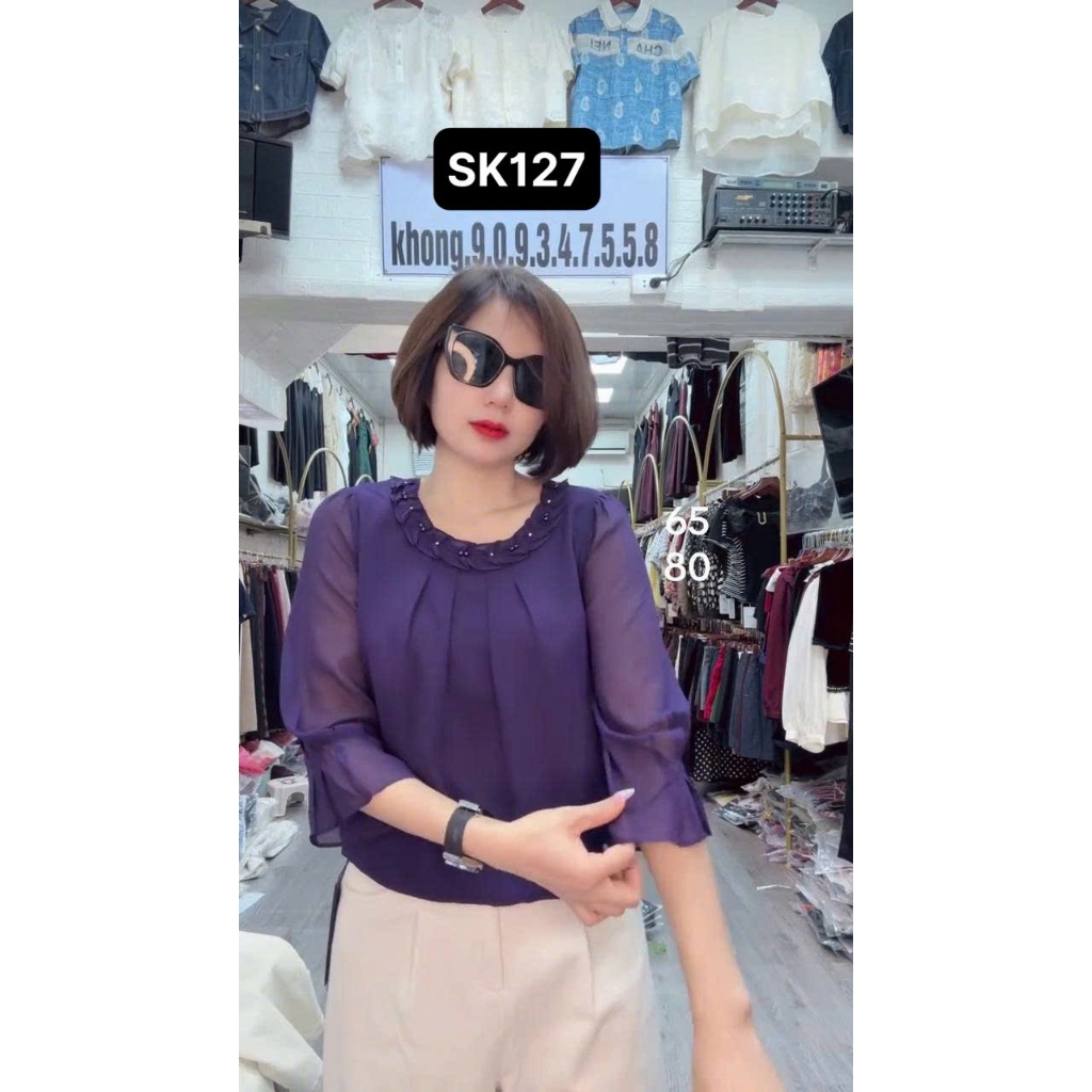 สค127เสื้อชีฟองผ้าไหมคอปกดอกไม้หิน