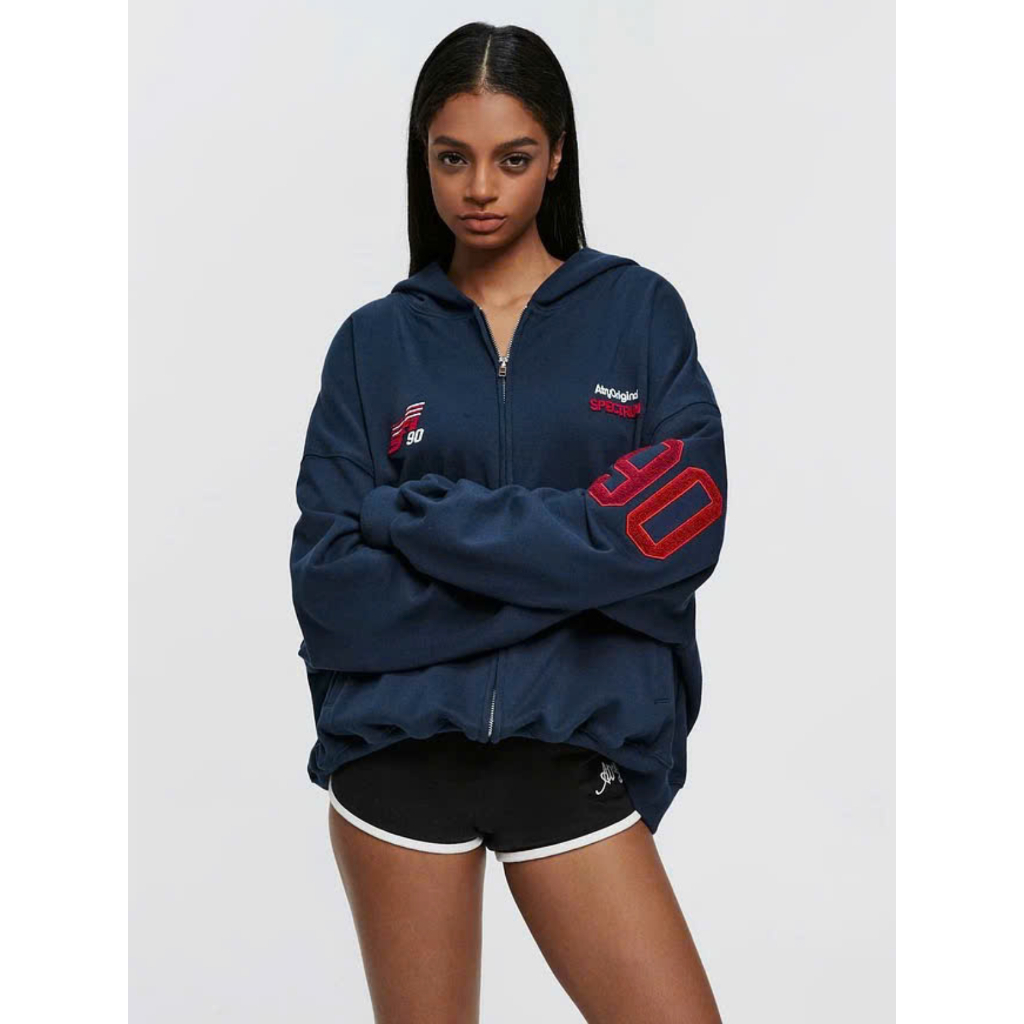 Haven Studio bigsize boxy Zip Hoodie สําหรับผู้ชายและผู้หญิงรู้สึกปูปักหลวม สีดํา เทา น้ําเงิน ดํา