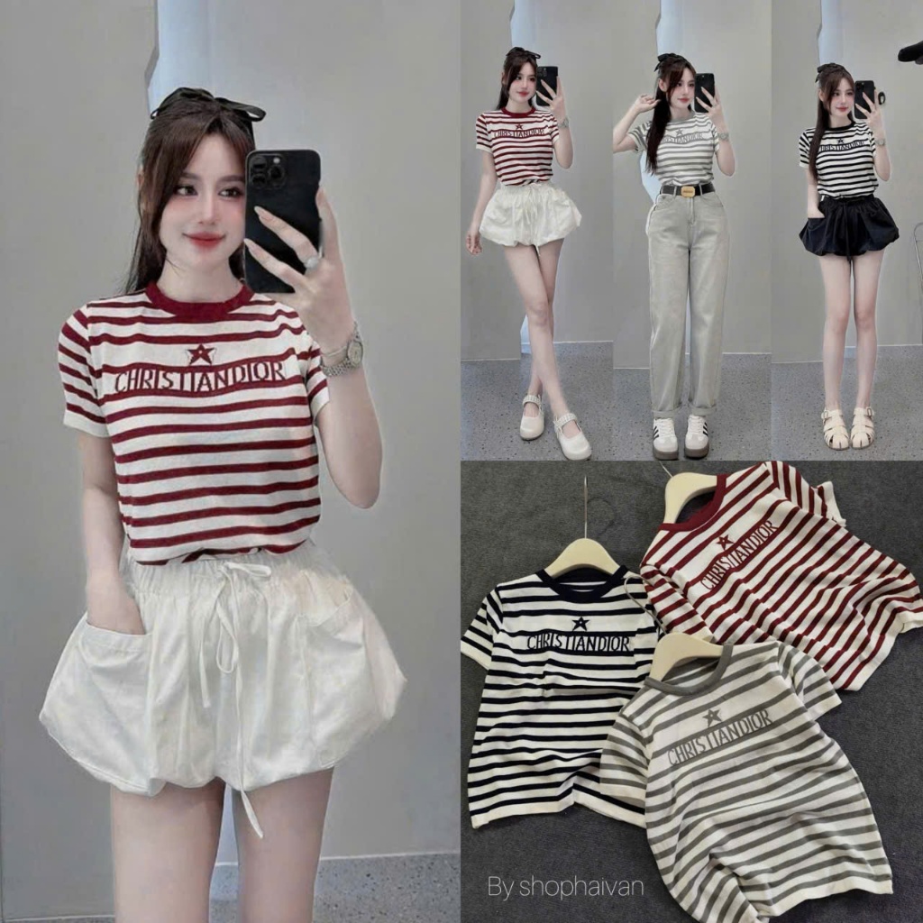 เสื้อกันหนาวแขนสั้น Monhtoghi ลายแนวนอนสําหรับฤดูใบไม้ร่วงและฤดูหนาว Size SM - Halinh Shop - เสื้อสเ