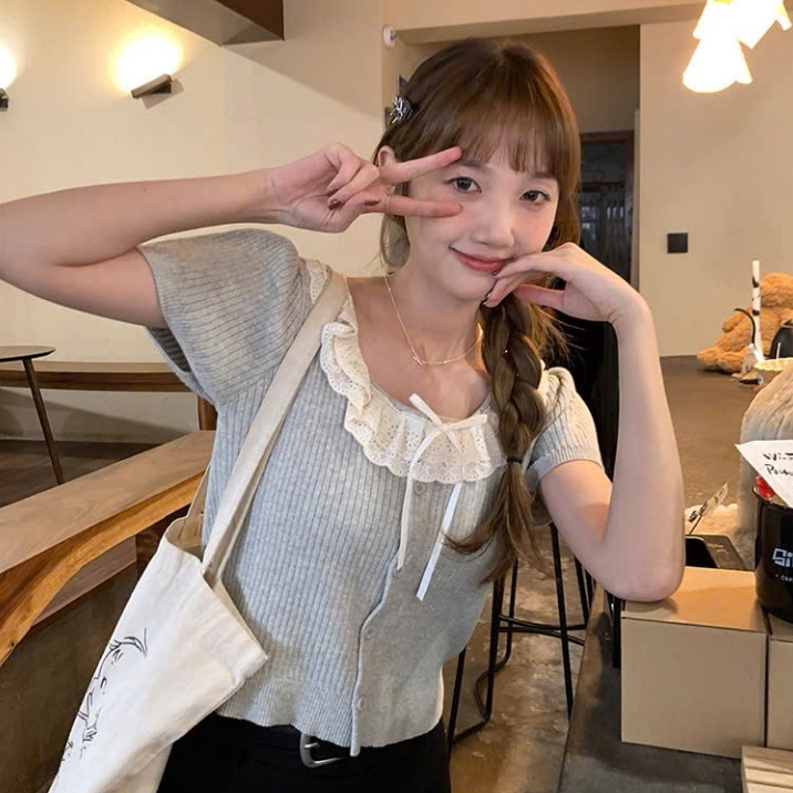 เสื้อสเวตเตอร์แขนสั้นสไตล์ Minimalistlist เกาหลีคอปกนัวเนีย XTT APN64