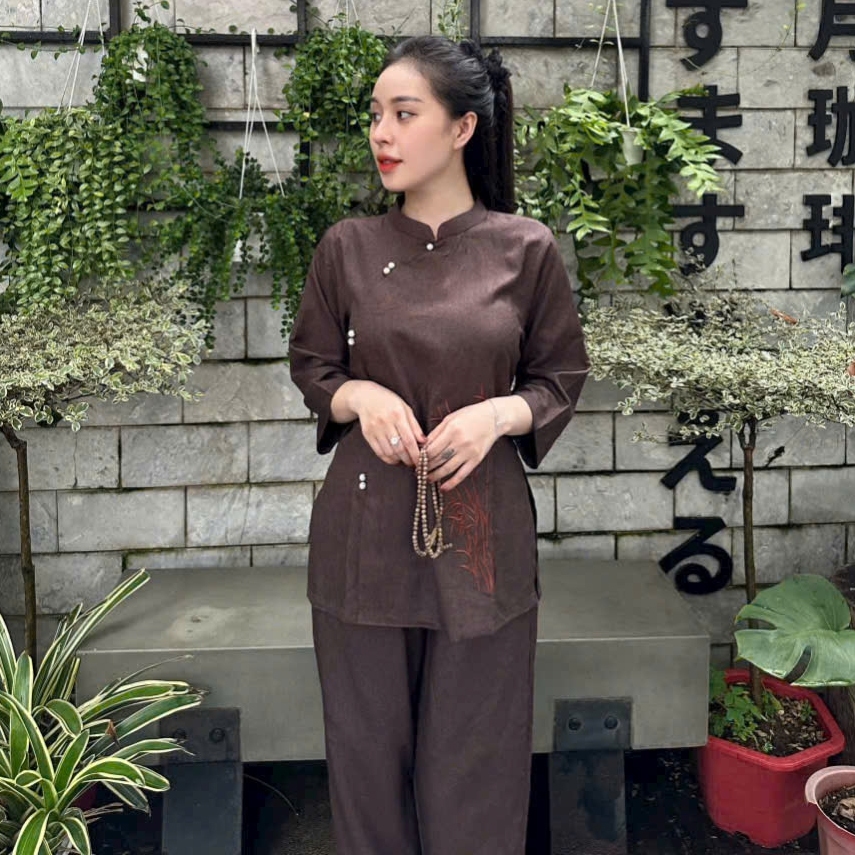 LINEN PEARL BUTTON PATTERN เครื่องแต่งกายแบบดั้งเดิม เสื้อผ้าพุทธ เสื้อผ้าวัด Line เสื้อผ้าบ้านของผู