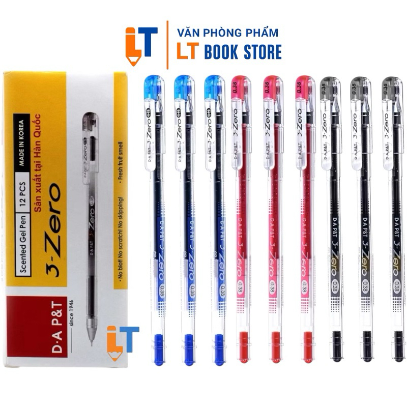 กล่อง 12 ปากกาเจล 0.38 มม. 3-Zero DA P&T Korea (หมึกสีน้ําเงิน/ม่วง/แดง/ดํา) - LT Store