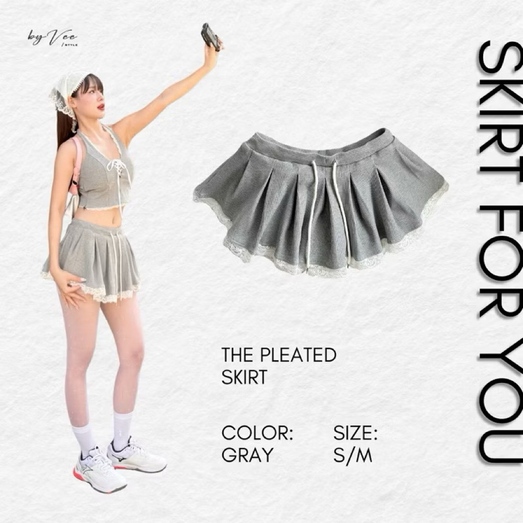 Byvee.style เดรสลูกไม้จีบสีเทา Size M (S ยังเหมาะกับ)