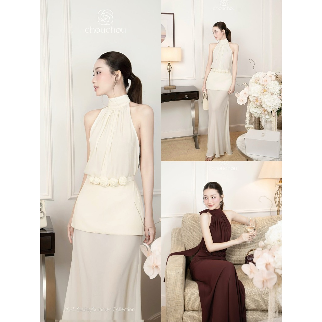 Yukinshop- ชุดเสื้อผ้าสตรีเย็บ dnc เสื้อชั้นในสตรีคอเต่าลายดอกไม้ appliqué ผสมกระโปรงยาว 2 ชั้น CREA