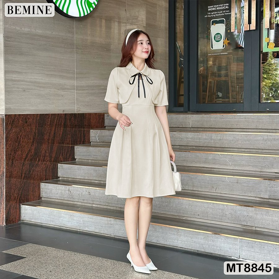 BEMINE MT8845 ชุดเดรสดีไซน์ผสมแจ็คเก็ตครึ่งแขน (กระโปรงพลีท) สไตล์มิดดี้