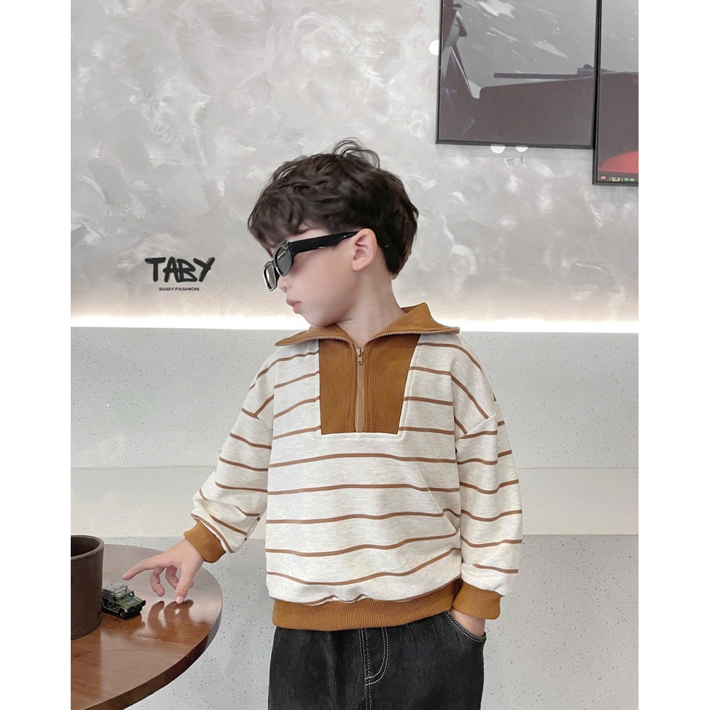 4407ADB Taby Kids เสื้อสเวตเตอร์หนังปลาลายทางแนวนอนคอปกระบายอากาศวัสดุสักหลาดหนังปลาหนาสําหรับเด็ก 9