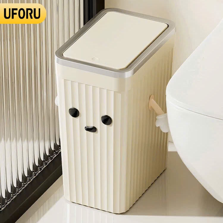 UFORU ถังขยะสี่เหลี่ยมแบบกด 12L ดีไซน์พื้นผิวแนวตั้งนูน ขอบชุบเงินคุณภาพสูง พร้อมอุปกรณ์ตกแต่ง - UF7