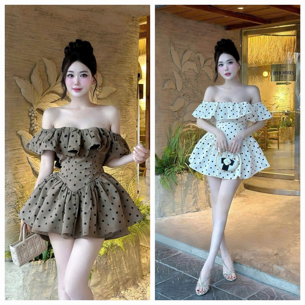 เดรสสั้น - ชุดเดรสผู้หญิงผ้าฝ้ายเย็นน่ารักชุดเดรสเปิดไหล่บานสั้นลายจุดและหลังม็อกกิ้ง