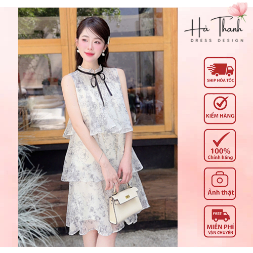 (GENUINE HALE) V743 Ha Thanh Boutique เดรสทรงเอผู้หญิงคอปกโบว์บานและแขนเสื้อ