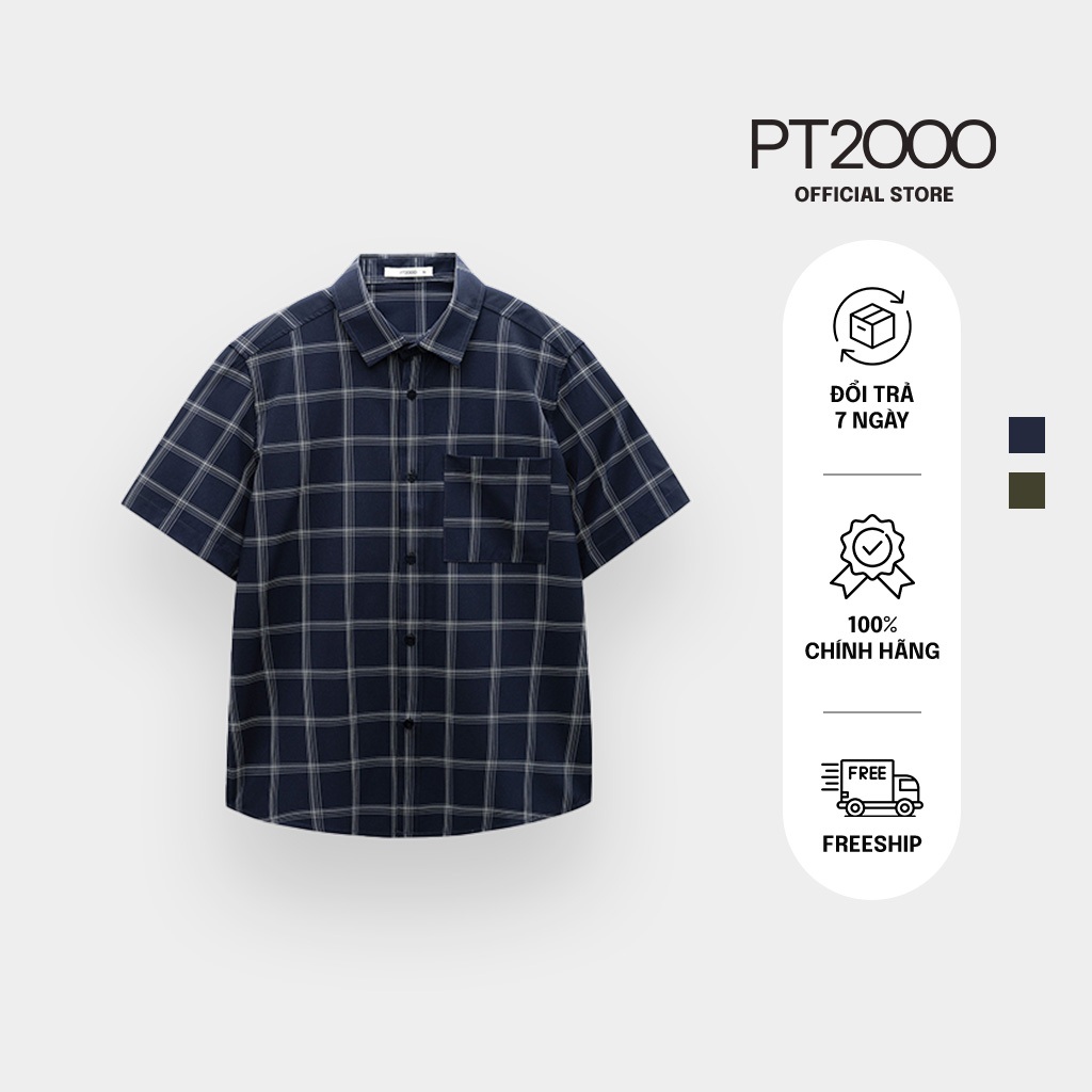 เสื้อเชิ้ตลายสก๊อตแขนสั้นผู้ชาย PT2000 ผ้าคอตตอนเท่ๆ อ่อนเยาว์ (SMM-N913)