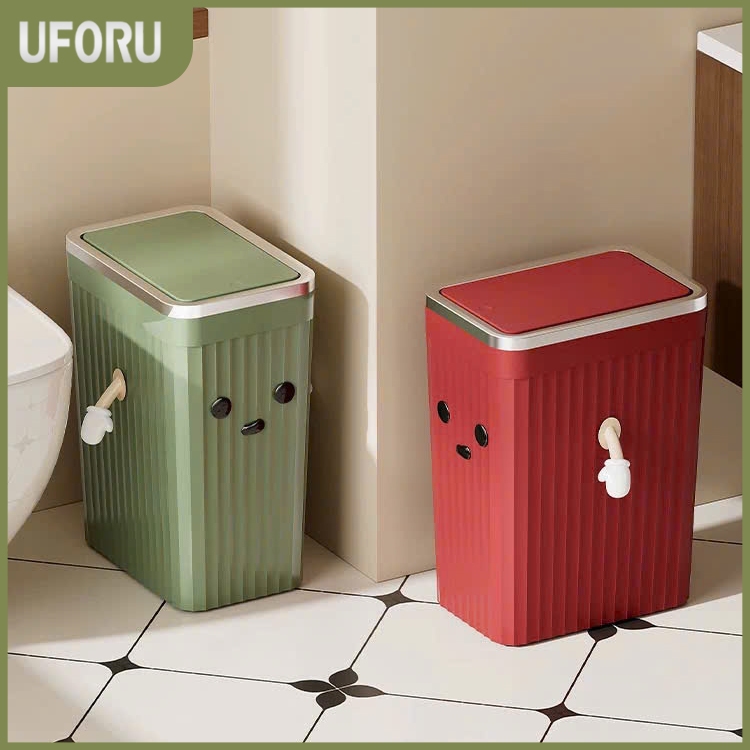 [ใหม่ สี] - ถังขยะสี่เหลี่ยม 12ล พร้อมฝาแบบกด ขอบเงิน ดีไซน์ลายแนวตั้งนูน พร้อมอุปกรณ์ตกแต่งน่ารัก -