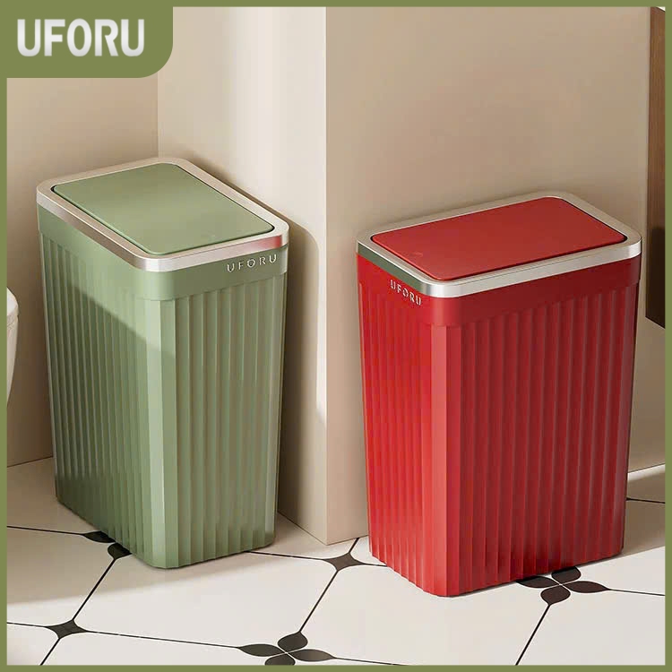 [NEW COLOR] - ถังขยะสี่เหลี่ยม UFORU มีปุ่มกดและฝาเปิด ดีไซน์ขอบเงินคุณภาพสูง วัสดุพลาสติก PP - UF77