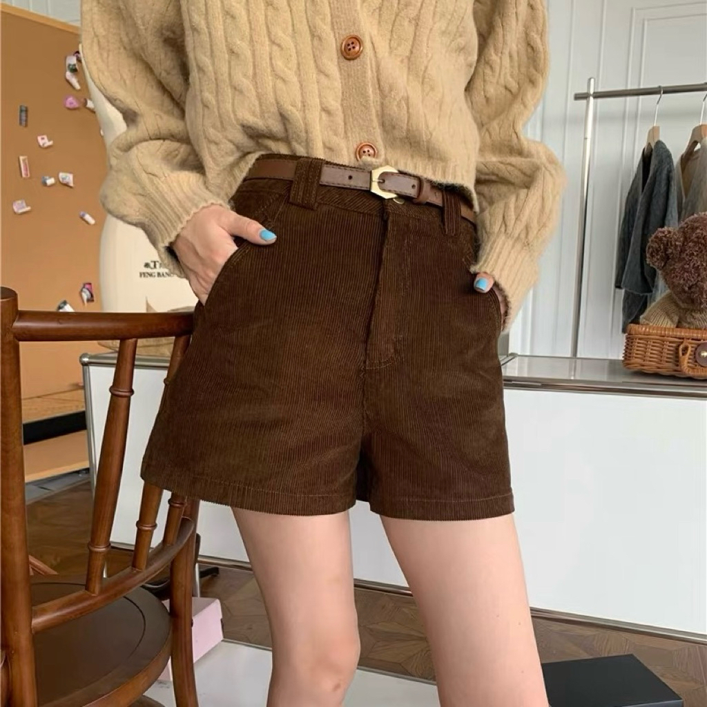 กางเกงขาสั้นผ้ากํามะหยี่เอวสูงสําหรับผู้หญิงพร้อมเข็มขัดฟรีสําหรับโรงเรียนและออกนอกบ้าน PRE TAOBAO