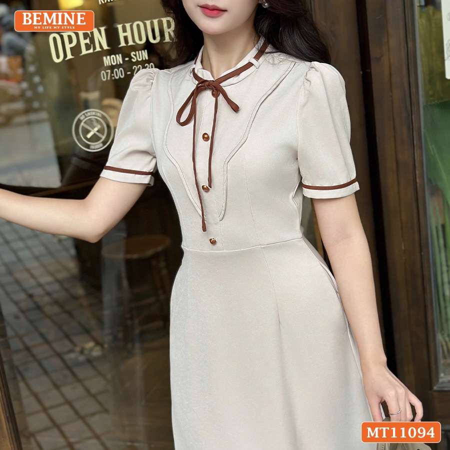 เป็นของฉัน ชุดเดรสดีไซน์คอกลมผูกโบว์แต่งระบายทรงเอเหมาะกับใส่ทํางาน-ภูเขา11094 - รูปที่ 5