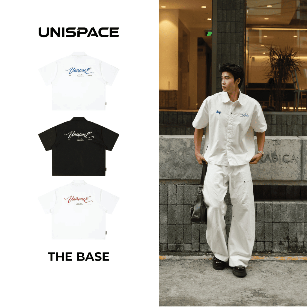 เสื้อแบรนด์ท้องถิ่น By Unispace เสื้อเชิ้ตทรงหลวมทรงหลวม unisex สําหรับผู้ชายและผู้หญิงปักลาย The Base motifs