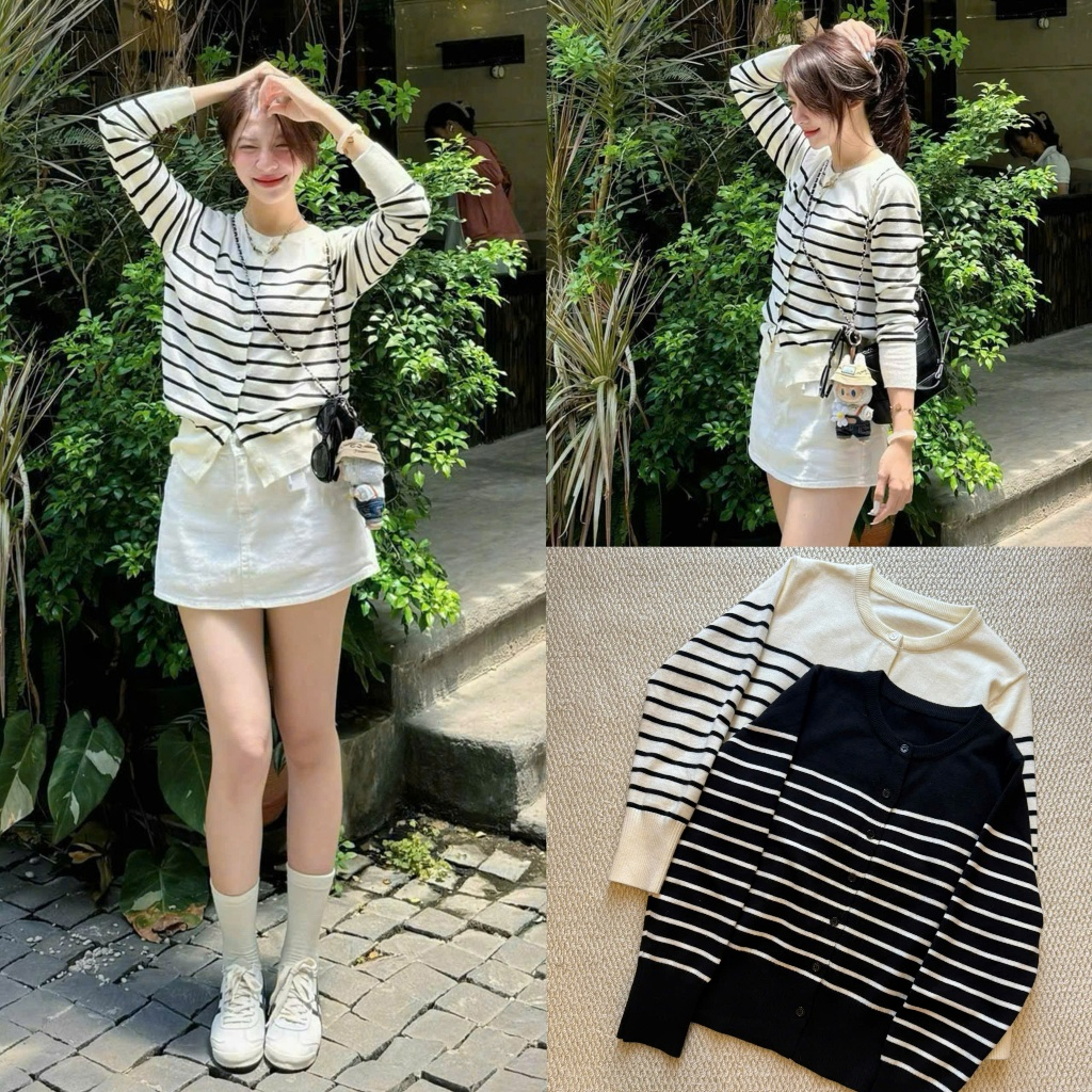 BASIC PHO Mizu Cardigan_B1T27 คาร์ดิแกนลายทางแนวนอน