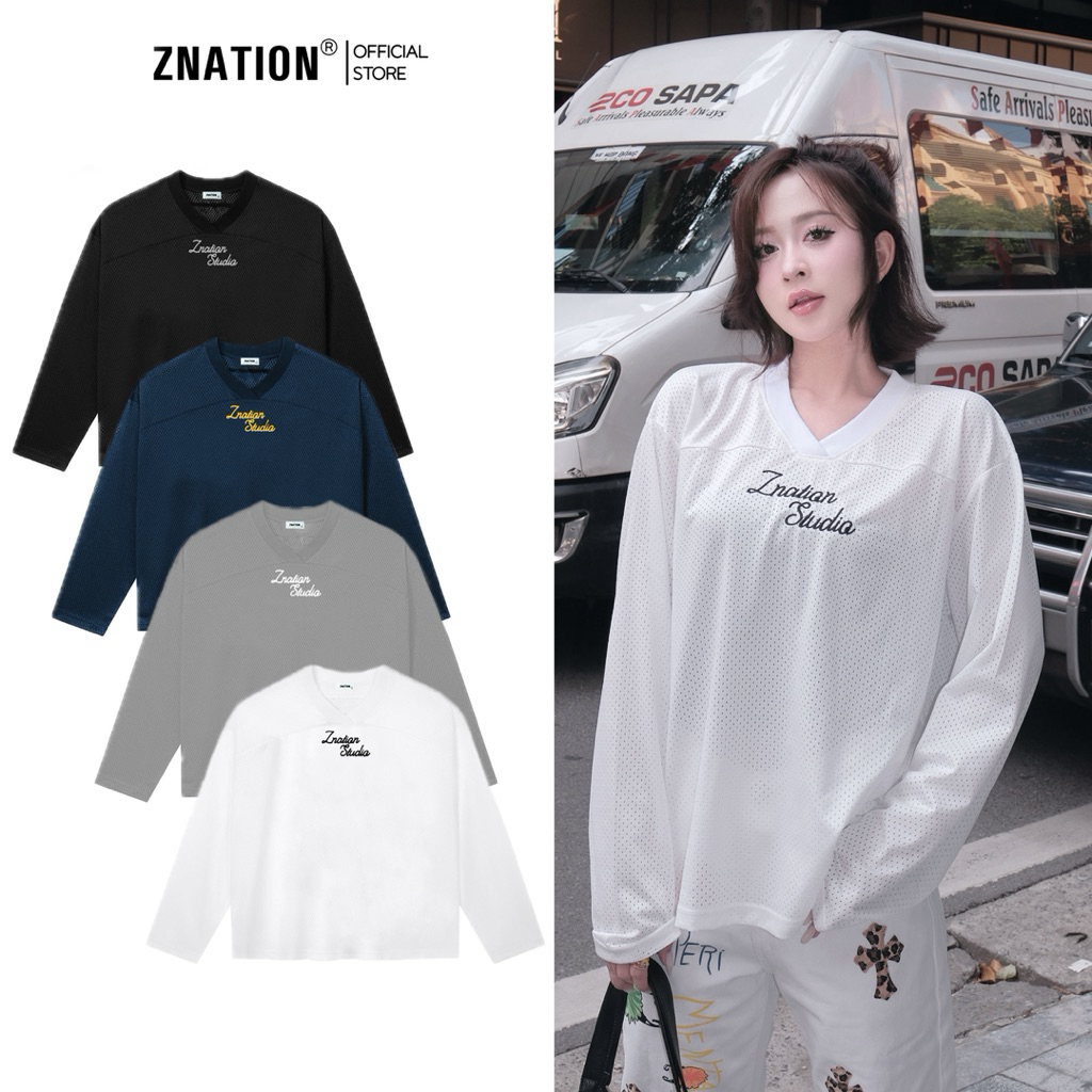 ZNATION Form Boxy Unisex เสื้อแขนยาวตาข่ายสําหรับผู้ชายและผู้หญิง V คอเย็บปักถักร้อย