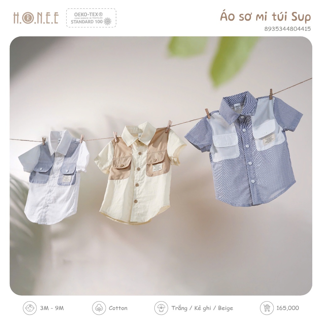 [HONEE] - เสื้อเชิ้ต Sup Pocket _วัสดุผ้าฝ้ายมีความนุ่ม โปร่ง ดูดซับเหงื่อ ขนาดตั้งแต่ 9M - 4Y
