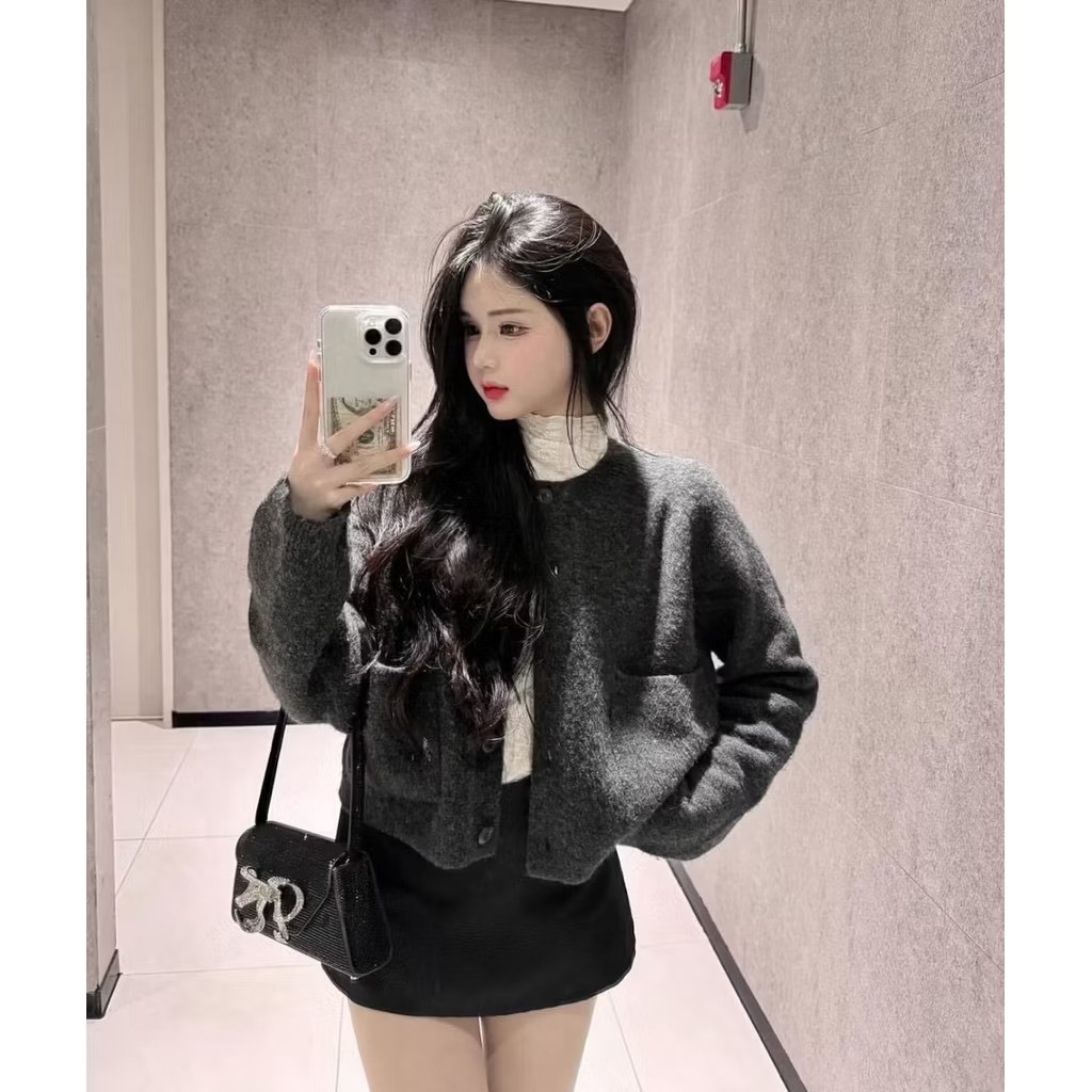 [ผลิตภัณฑ์ QC/ TYPE 1] SOFT GREY WOOL CARDIGAN SWEATSHIRT WITH LID POCKETS, ง่ายต่อการบล็อก 2MONDAY A107