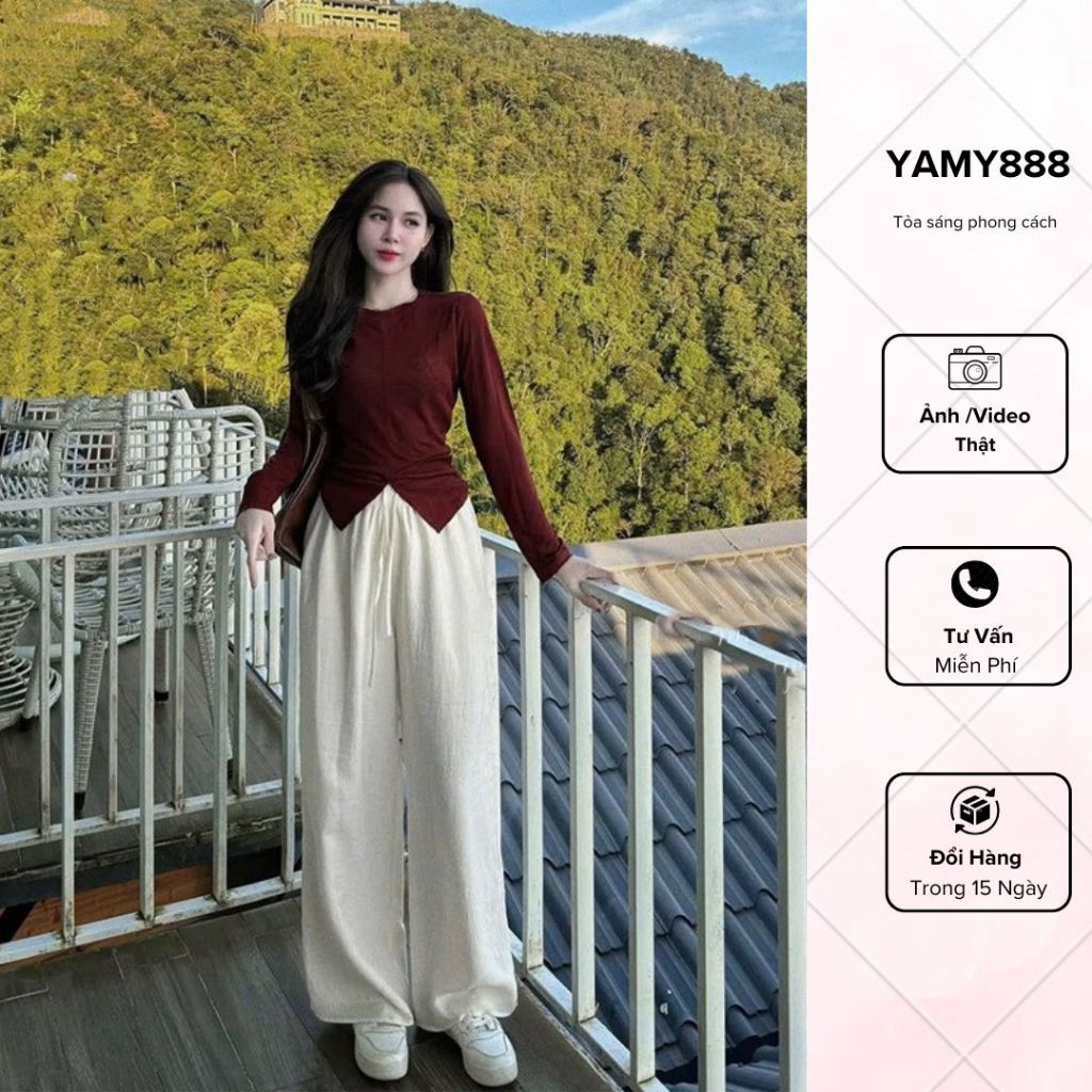 เสื้อยืดกระดาษแขนยาว Slim เอว Flattering Basic สีทึบ Easy to Coordinate Hottrend Ap334 - Yanmy888