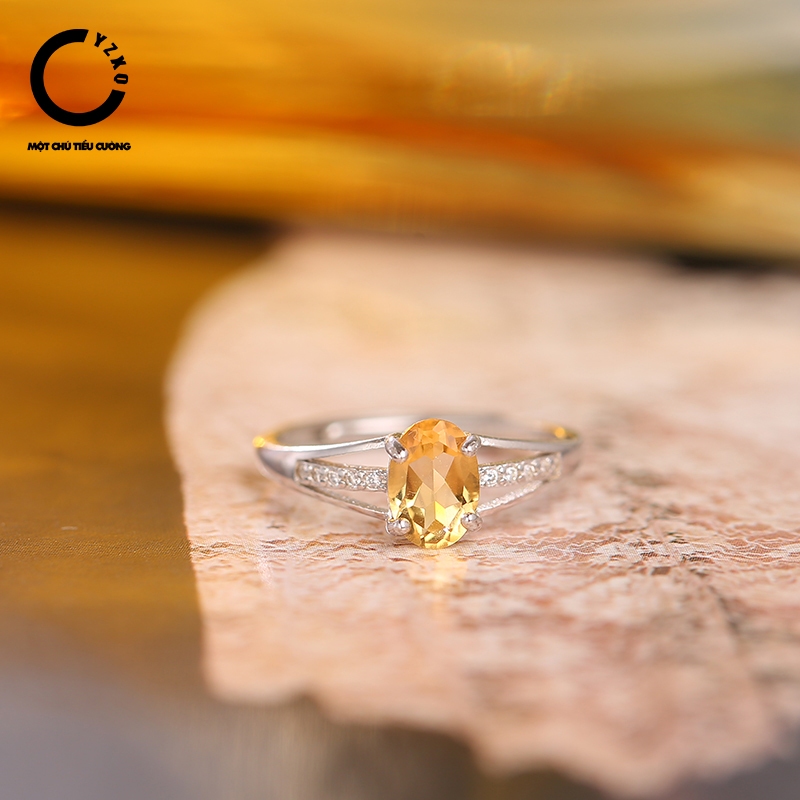 S925 แหวนเงินควอตซ์สีเหลืองธรรมชาติรูปไข่ YZXQ - รหัส J5SJ
