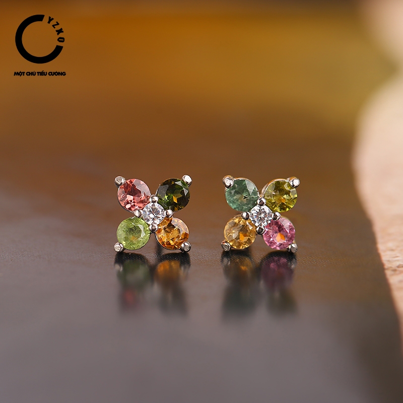 YZXQ Natural Tour.maline Stone S925 ต่างหูเงิน - รหัส E2SJ