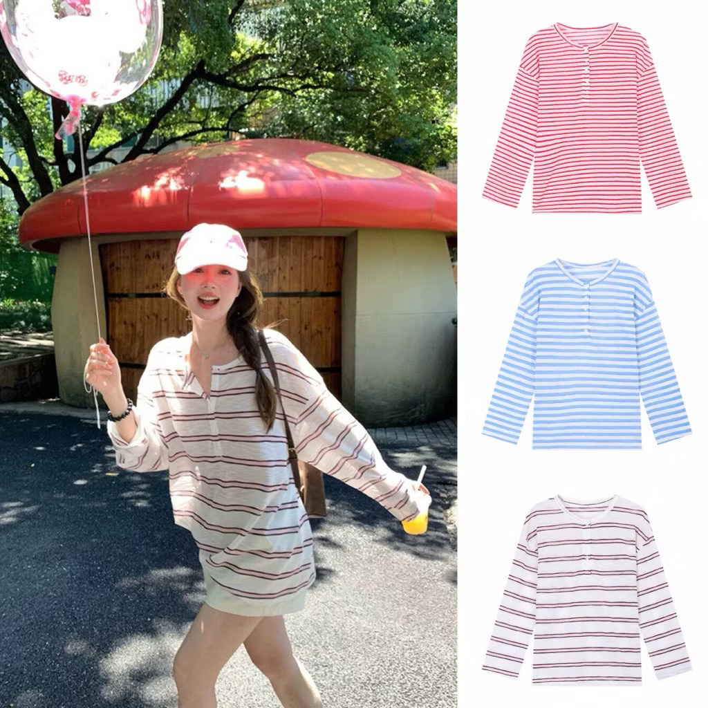 Oni.Shop_เสื้อยืดกระดาษแขนยาวลายทางแนวนอนหลวม Simple Dynamic Basic Fall Ao Dai