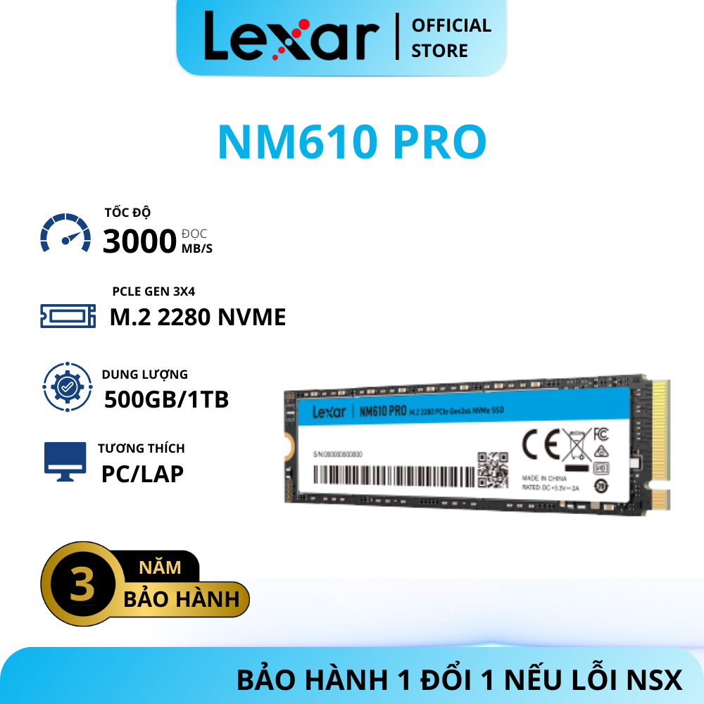 Lexar NM610 PRO M.2 2280 Gen3x4 NVMe SSD ฮาร์ดไดรฟ์ 500GB/ 1TB/ 2TB ความเร็วอ่านหนังสือ 3300Mb/s ของ