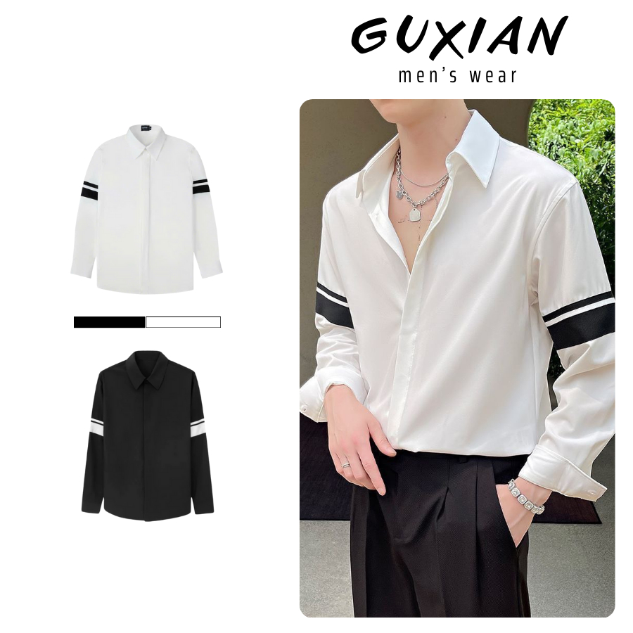 Guxian เสื้อเชิ้ตแขนยาวทรงหลวมเกาหลีระดับพรีเมียมสําหรับผู้ชายสีดําและสีขาวพร้อมชายแขน 2 แขน SMP011
