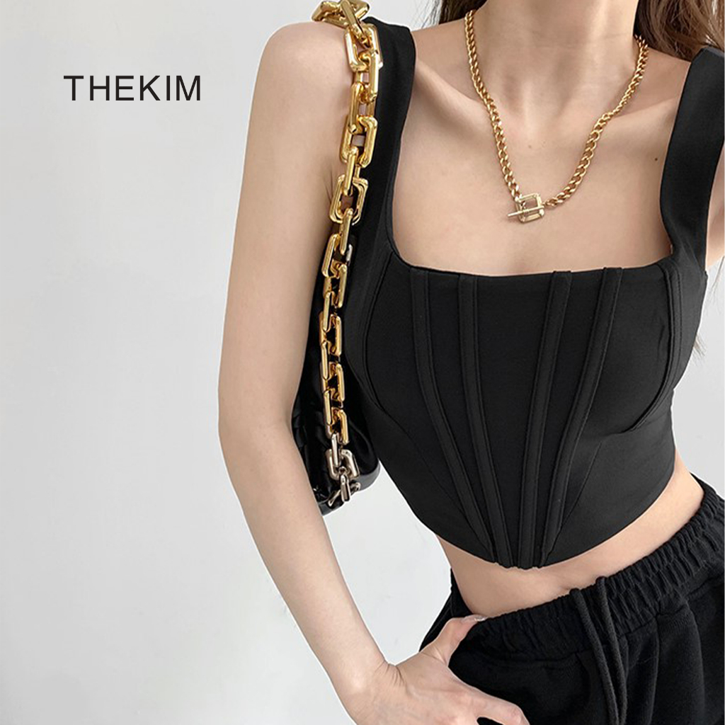 THEKIM เสื้อครอป 2 สายสไตล์คอร์เซ็ต มีซิปหลัง คอเหลี่ยมใหญ่ 2 สาย A157
