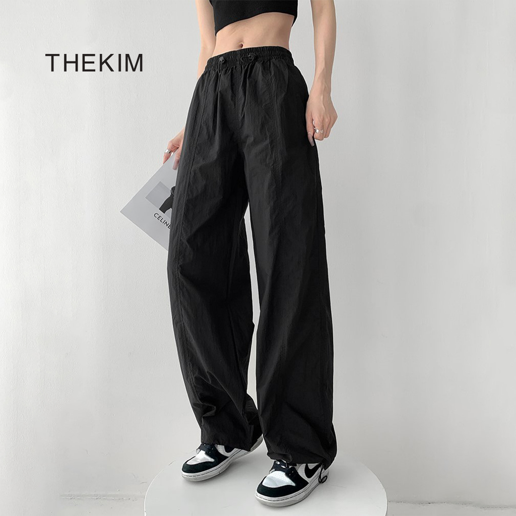 THEKIM กางเกงลมย่นขาปล่อย ขาตรง กางเกงลมขากว้างพร้อมวัสดุเท่ๆ B335