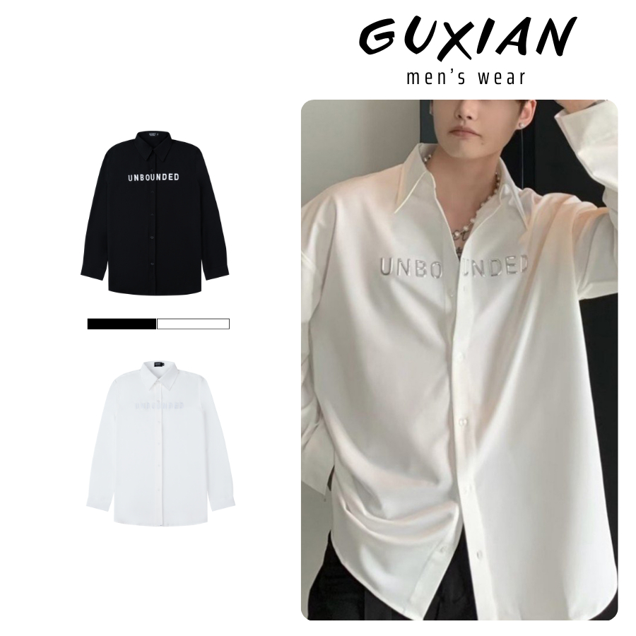 GUXIAN SMT01 เสื้อเชิ้ตแขนยาวผู้ชายเกาหลีหลวมแบบ Unbounce Letter เย็บปักถักร้อยผ้าไหมวัสดุ