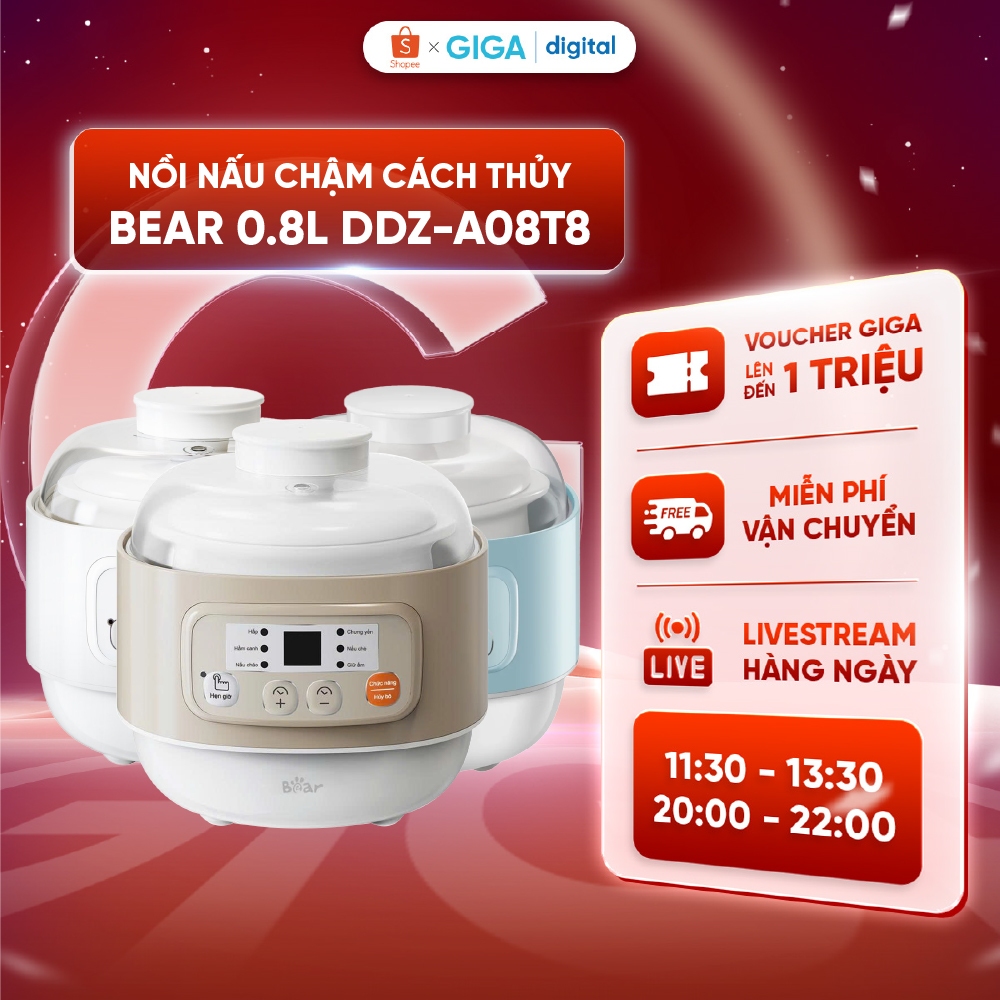 Bear หม้อตุ๋น 0.8L DDZ-A08T8 - ความจุ 200W - โหมดทําอาหารอัตโนมัติ 5 โหมด - จับเวลาสูงสุด 9.5 ชั่วโม