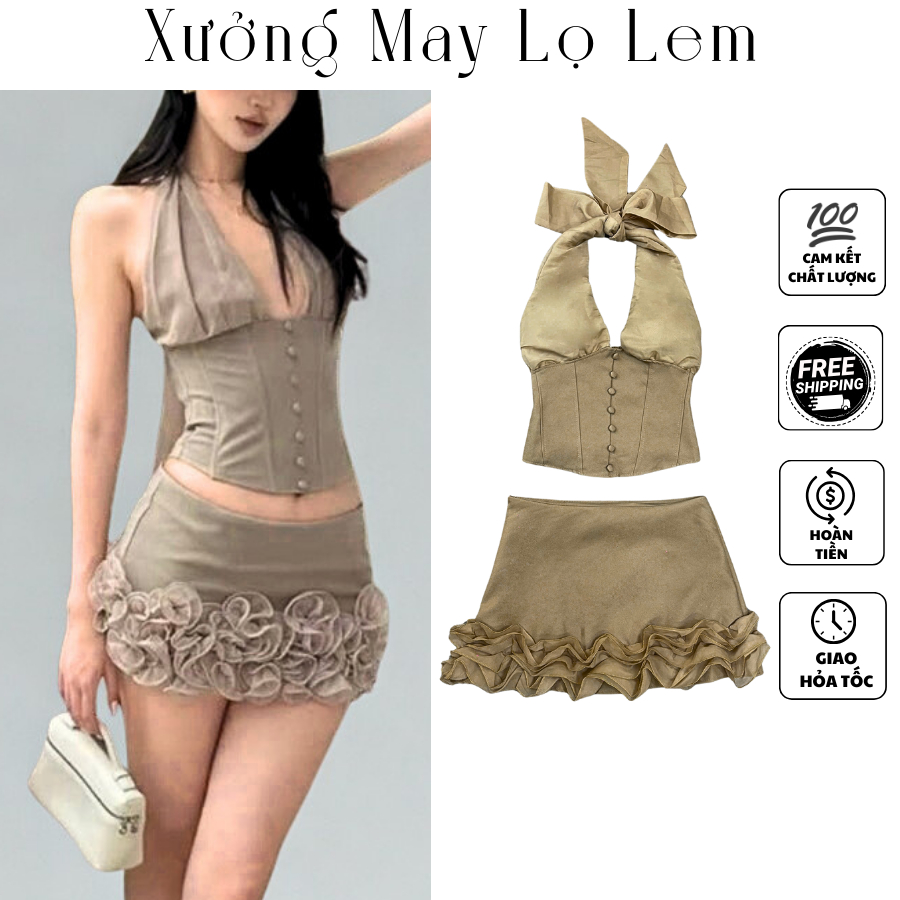 (HCMC EXPRESS) ชุดคอปกสายเดี่ยวพร้อมกระโปรงบาน (ภาพจริง) K6470_XUONGMAYLOLEM