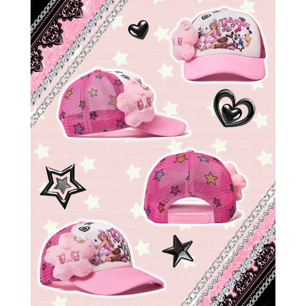 NEXXUS Hat "Kittee Cry" Trucker Hat - ผ้าตาข่ายผ้าฝ้ายสีกากี - คอตตอนสตาร์ติดหมวก - Y2K