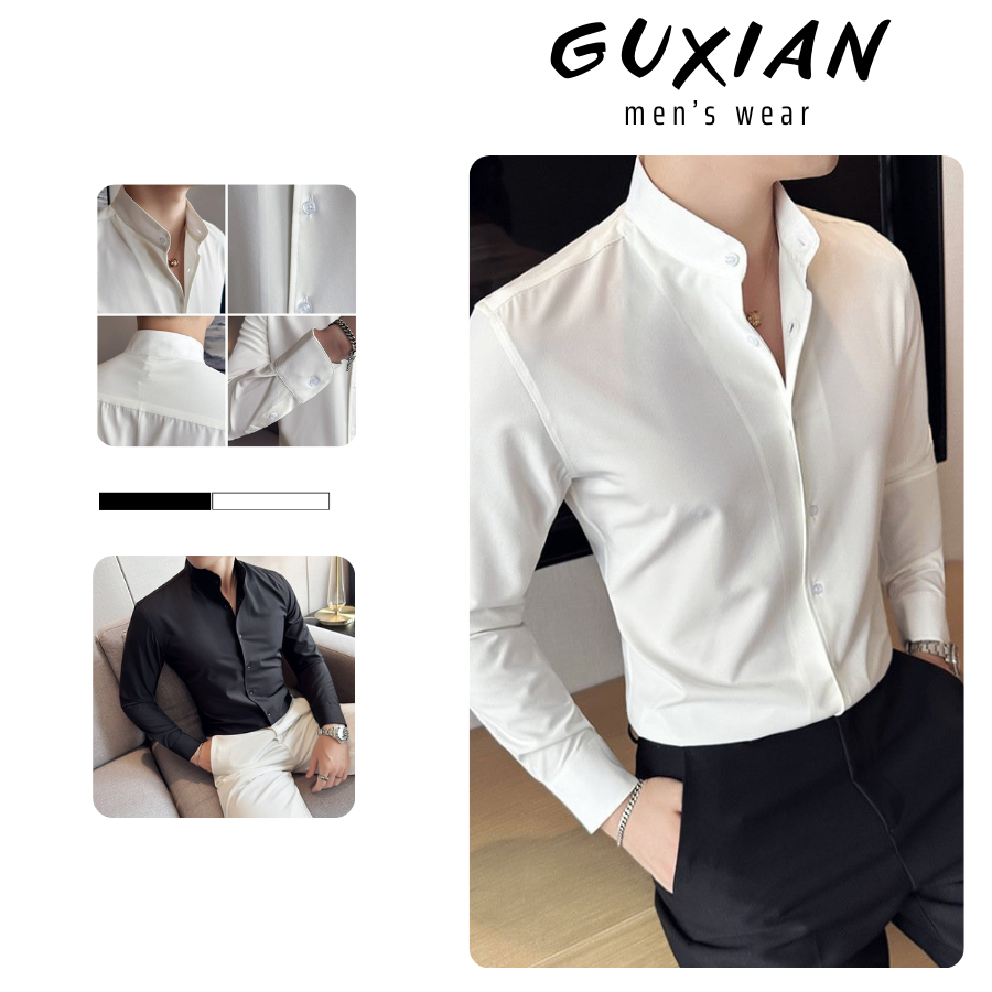 SMP12 GUXIAN เสื้อเชิ้ตผู้ชายแขนยาวสีดําสีขาวพื้นฐานเกาหลี Bassic