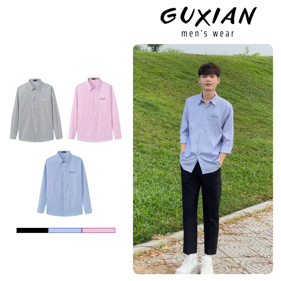 เสื้อเชิ้ตแขนยาว Unisex Guxian สําหรับผู้ชายและผู้หญิงลายสก๊อตโลโก้ปักหน้าอกผ้า Oxford นุ่ม SMP16