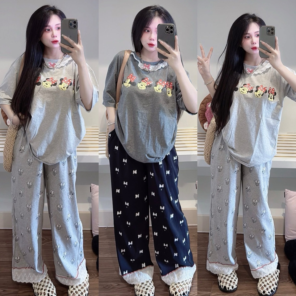 ชุดมิกกี้คอปกลูกไม้และกางเกงทรงตรงลูกไม้โบว์ - HN CLOSET