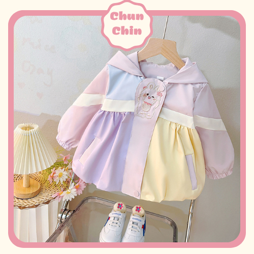 AK072 ชุนคาง | เสื้อกันลมสีรุ้งสีพาสเทลพร้อมกระต่ายเย็บปักถักร้อยหมวกหูกระต่ายยาวสําหรับเด็กผู้หญิง1