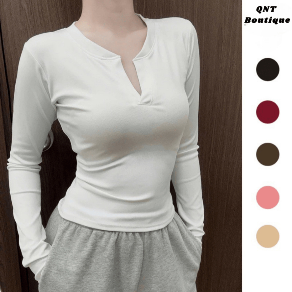 เสื้อยืดแขนยาวผู้หญิงคอปกบางผ้าฝ้ายเรียบเข้ารูป QNT66
