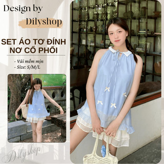Set áo tơ đính nơ cổ phối màu kèm quần short, set bộ thường mặc kèm quần short dilyshop - A118