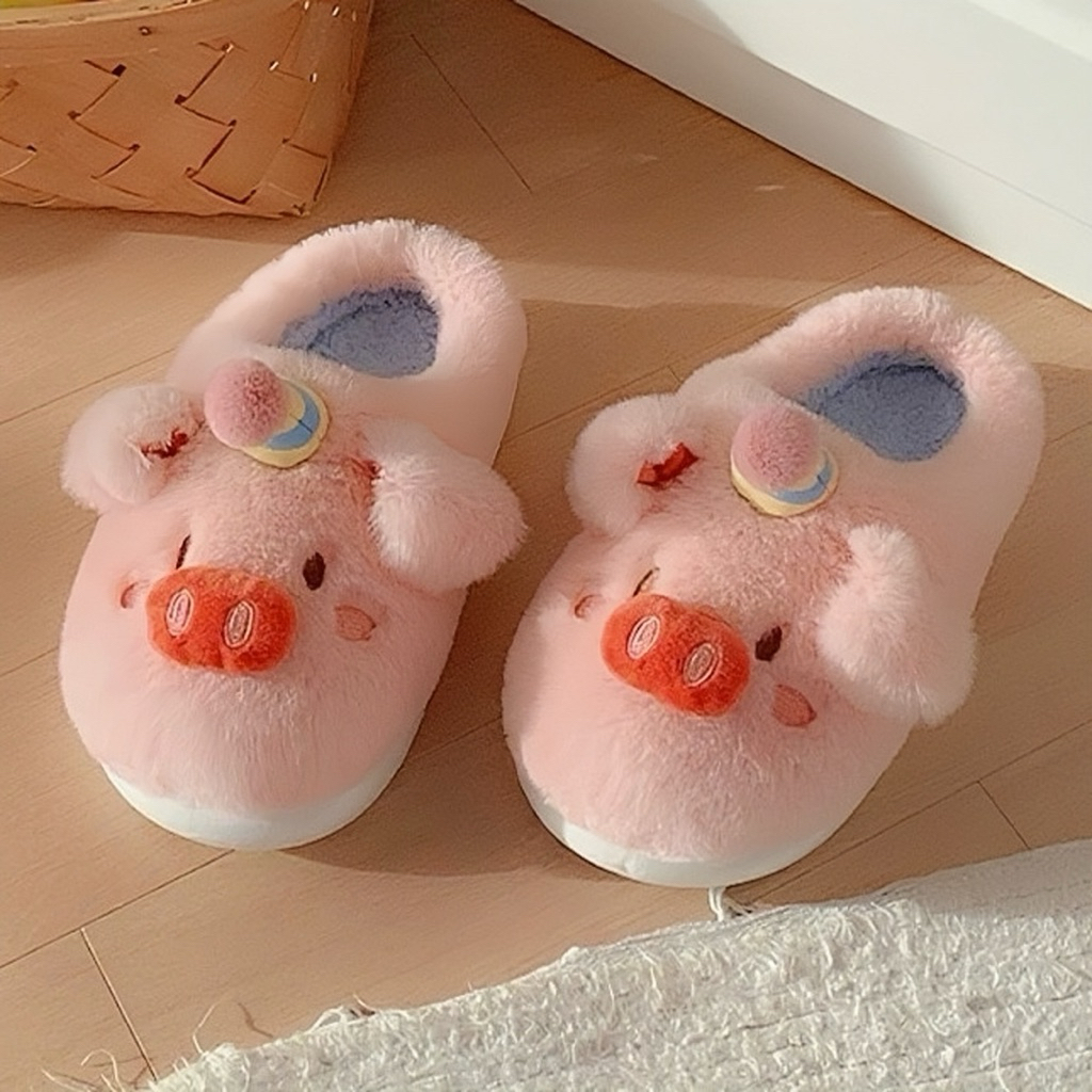 รองเท้าแตะผ้าฝ้ายหมูสีชมพูพร้อมหมวก XIXITIAO