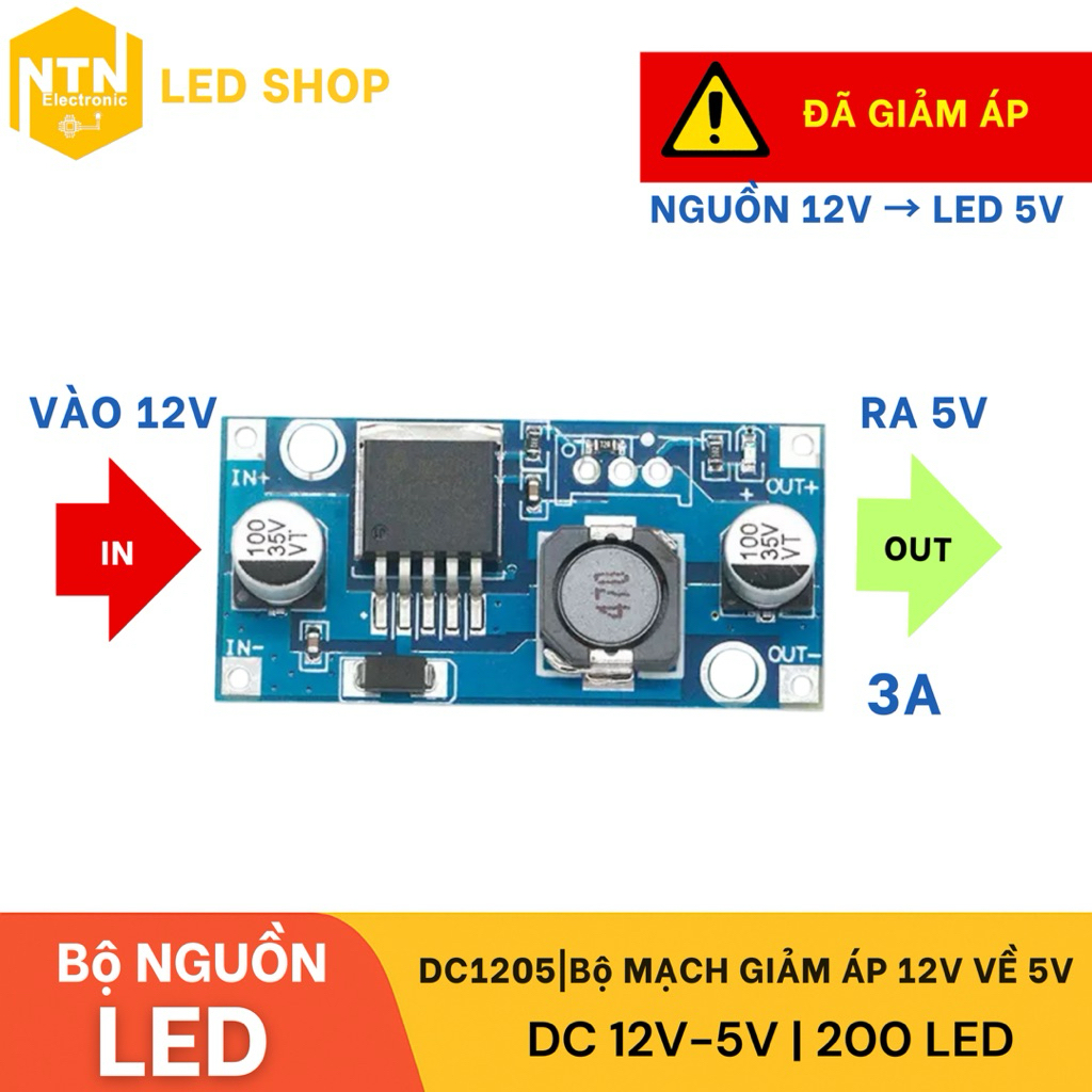 DC1205 | วงจรลดแรงดันไฟฟ้า DC1205 – จาก 12V ถึง 5V – กระแสไฟสูงสุด 3A – ตัวปรับแรงดันไฟฟ้าสําหรับ LE