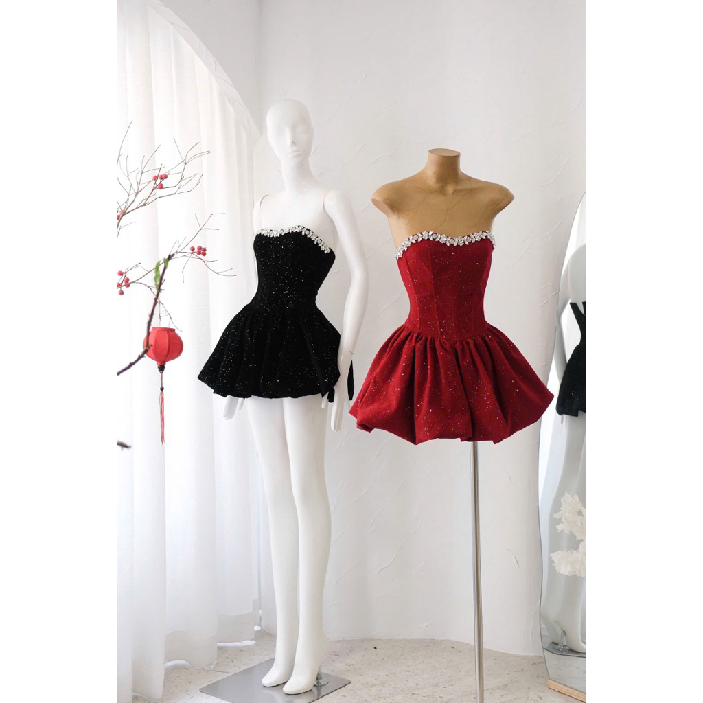 ชุดเดรสกํามะหยี่บานน่ารักพร้อมหินสน-HKT2T-Store