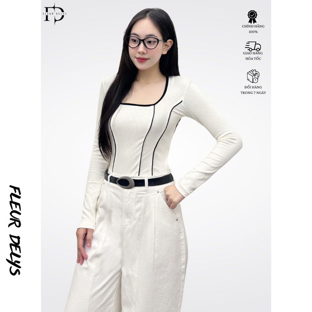 Fleleurdelys เสื้อยืดแขนยาวผู้หญิงสีขาวคอเหลี่ยมสีดําทรงหลวม DLC279