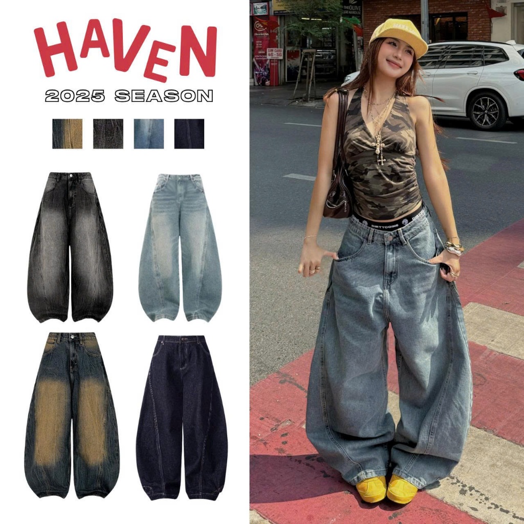 Haven Studio กางเกงยีนส์โค้งขากว้างสําหรับผู้ชายและผู้หญิงสีน้ําเงินเข้มและล้างสไตล์ street ใหม่