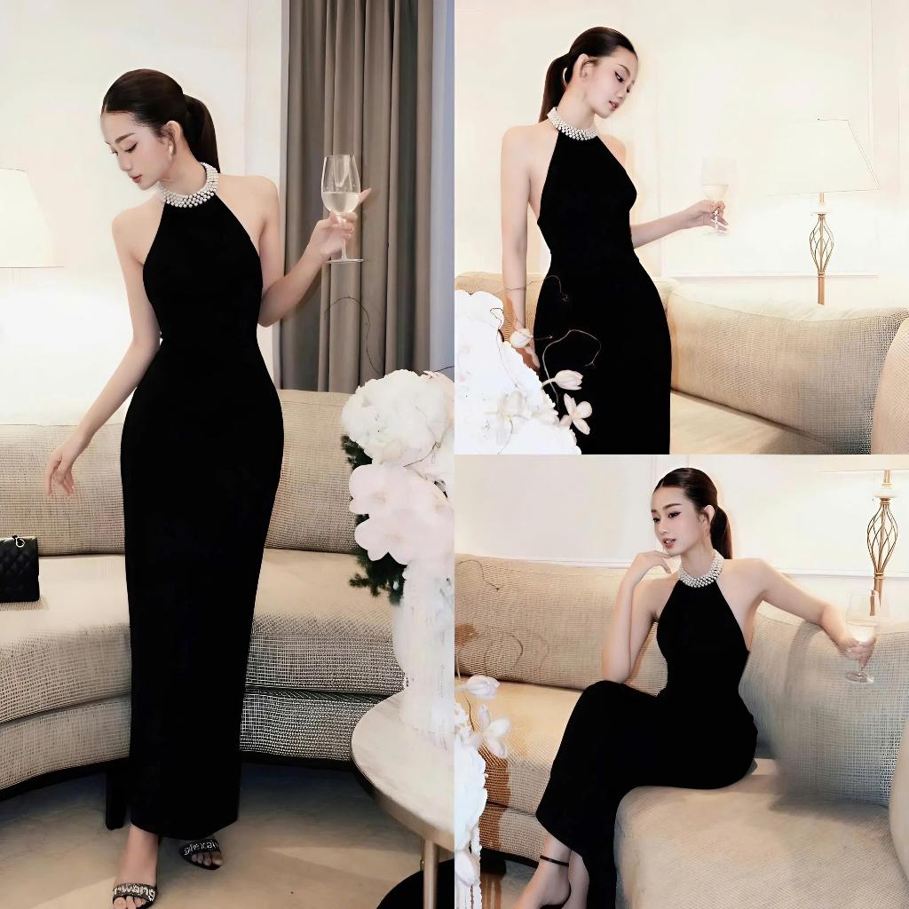 ชุดเดรสบอดี้คอน K80 คล้องคอเย็บมุกยาว - ร้านทู่